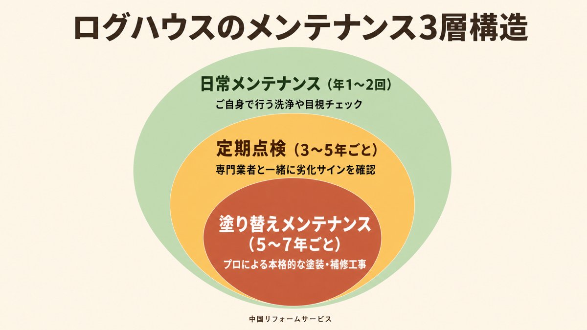 ログハウスの3層メンテナンス（日常・年次・塗り替え）の図解