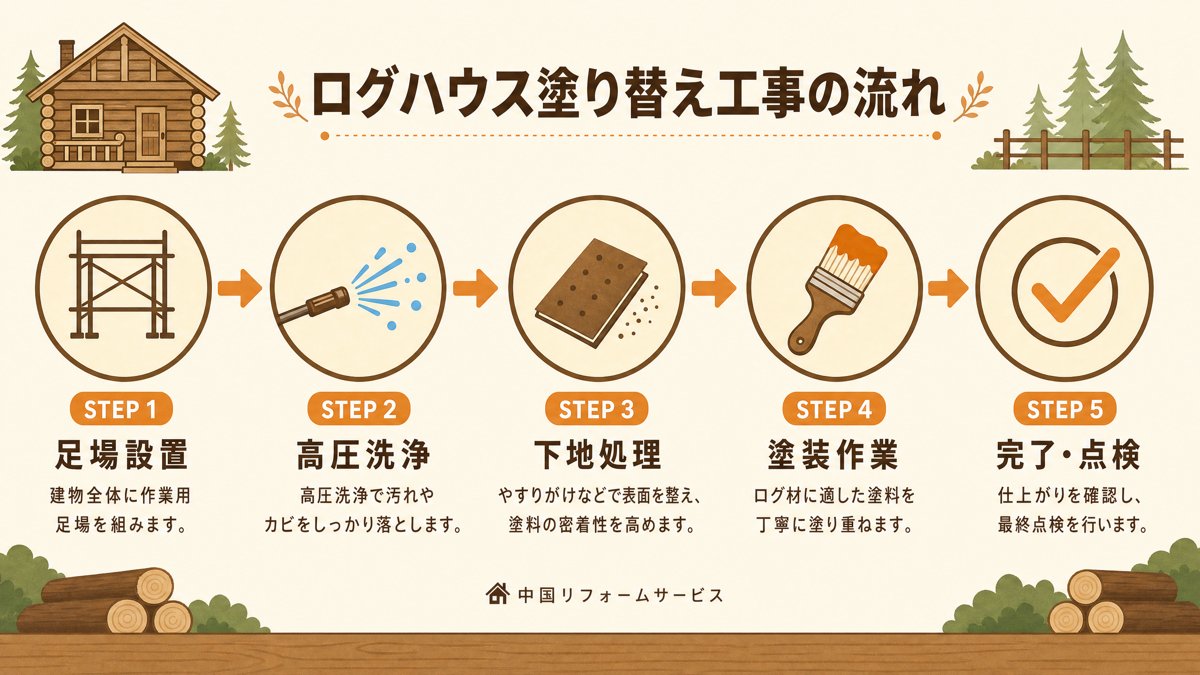 ログハウス塗り替え工事の6ステップ図解