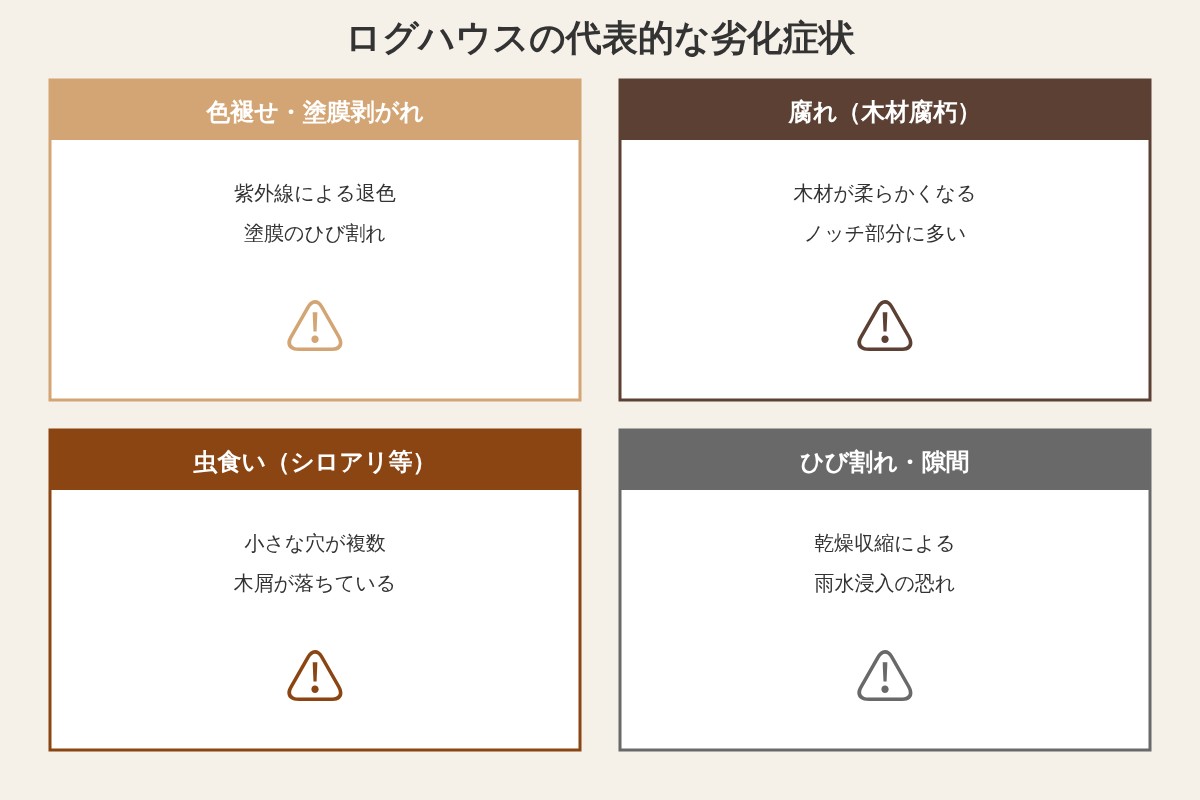 ログハウスの代表的な劣化症状（色褪せ・腐れ・虫食い・ひび割れ）