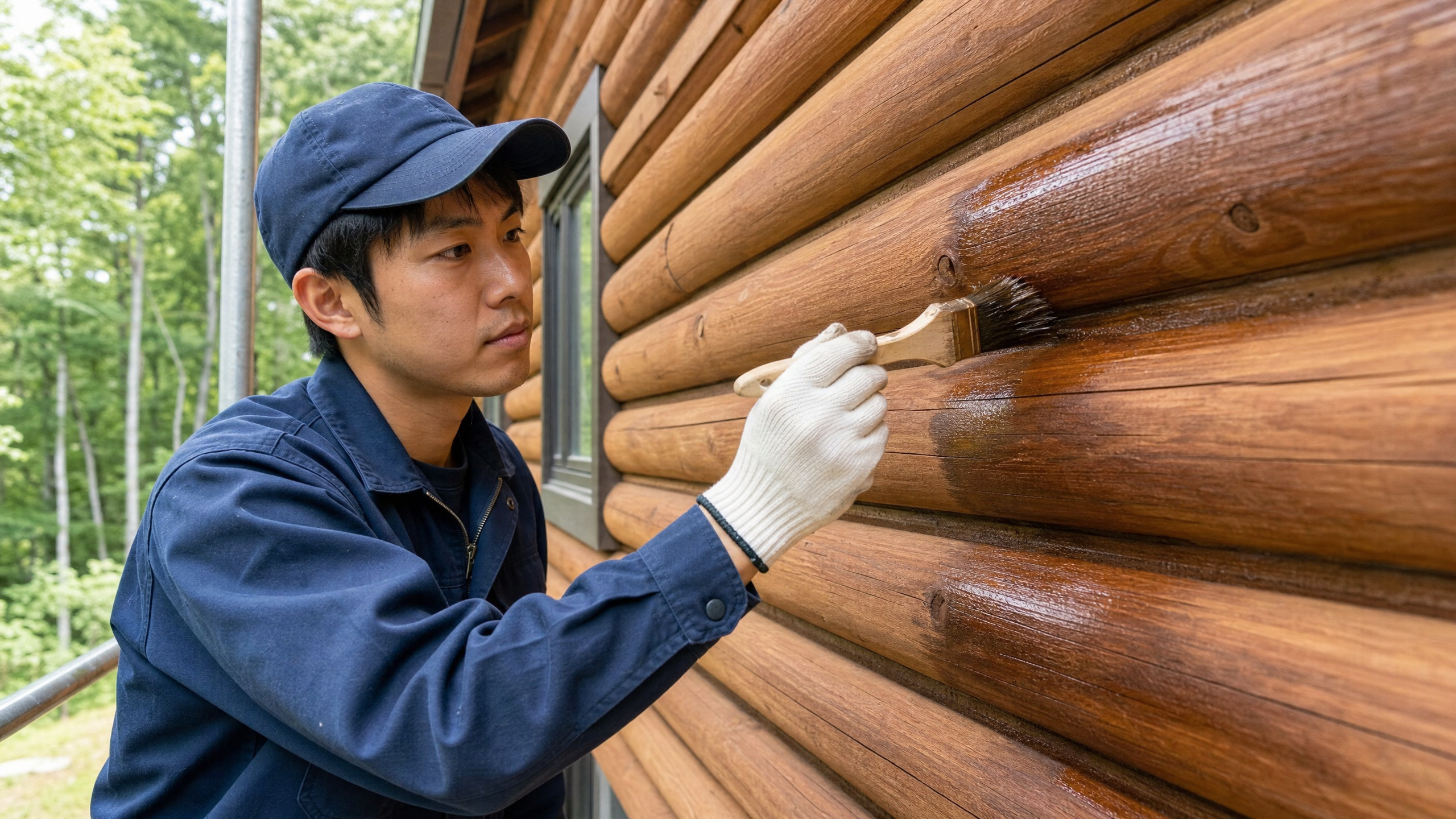 ログハウスの外壁に木材保護塗料を塗装する職人